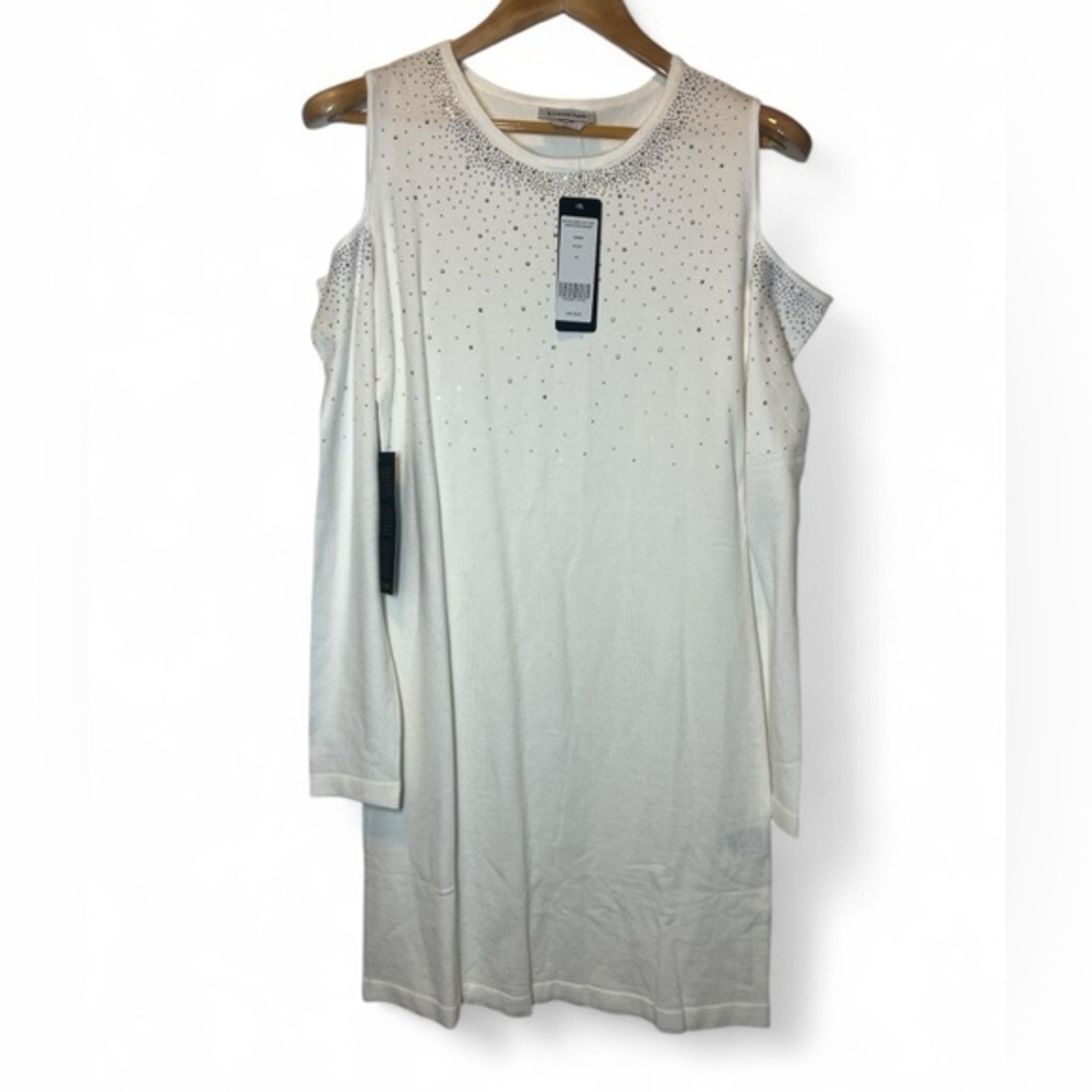 bebe Women' XL Ivory Cold Shoulder Cutout Crystal Sweater Party‎ Bodycon Dress